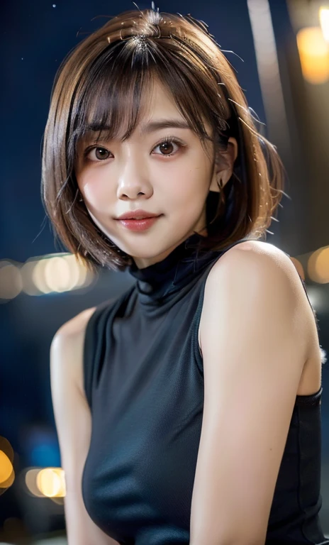 ( (((A beautiful woman))), ((a night sky)),(((detailed face))),(beautiful bob hair), cute and gentle, medium breasts,pretty,sleeveless turtle neck, mini-skirt, white silky clothes, cute and gentle, 4k , super high resolution ,(photo-realistic: 1.7), night background,black short hair, ((SFW)), cowboy_shot, high angel shot, bokeh, SFW)