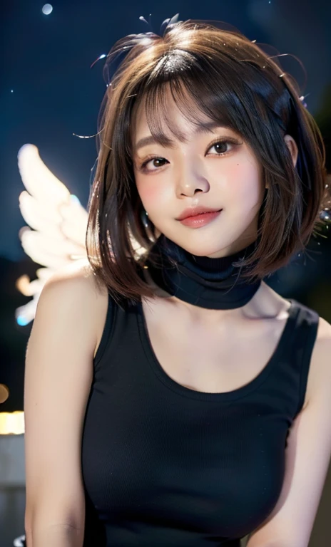 ( (((A beautiful woman))), ((a night sky)),(((detailed face))),(beautiful bob hair), cute and gentle, medium breasts,pretty,sleeveless turtle neck, mini-skirt, white silky clothes, cute and gentle, 4k , super high resolution ,(photo-realistic: 1.7), night background,black short hair, ((SFW)), cowboy_shot, high angel shot, bokeh, SFW)