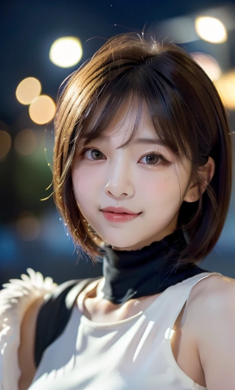 ( (((A beautiful woman))), ((a night sky)),(((detailed face))),(beautiful bob hair), cute and gentle, medium breasts,pretty,sleeveless turtle neck, mini-skirt, white silky clothes, cute and gentle, 4k , super high resolution ,(photo-realistic: 1.7), night background,black short hair, ((SFW)), cowboy_shot, high angel shot, bokeh, SFW)