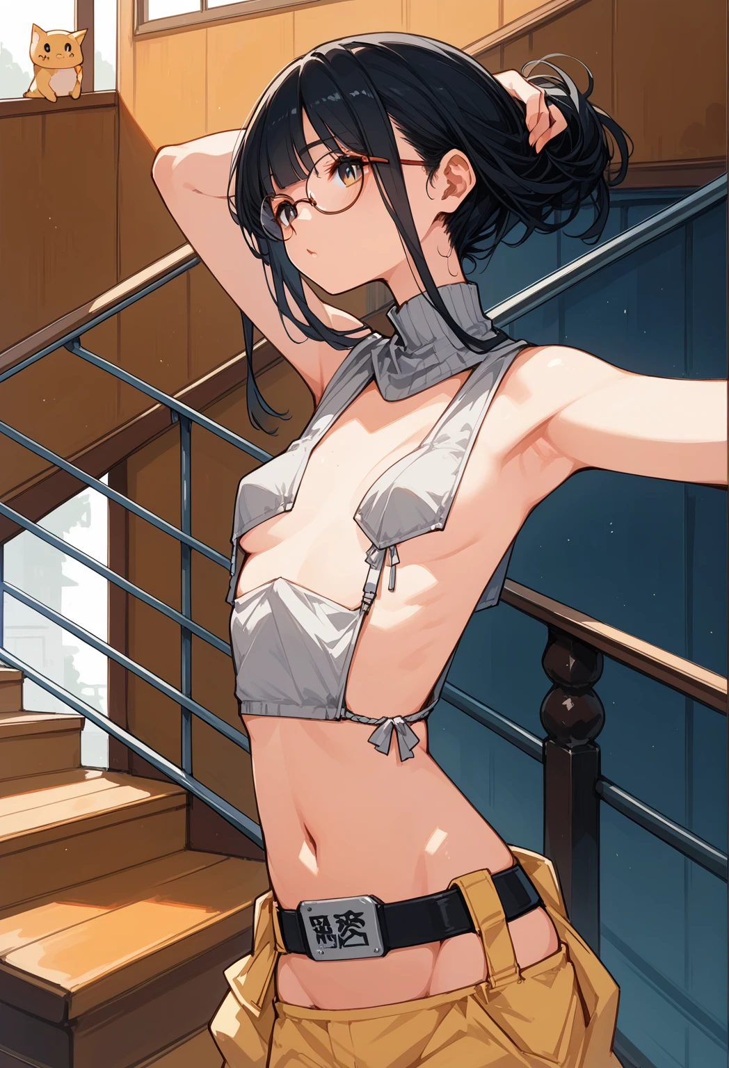 Full body painting,Anime girl in bra top and glasses posing on stairs, Kantai Collection Style, From the Azur Lane video game, Azur Lane Style, Fascinating anime, Eat and drink, I also make fan art, mayuri shiina, Very detailed fan art, Anime Moe Art Style, Black-haired, 