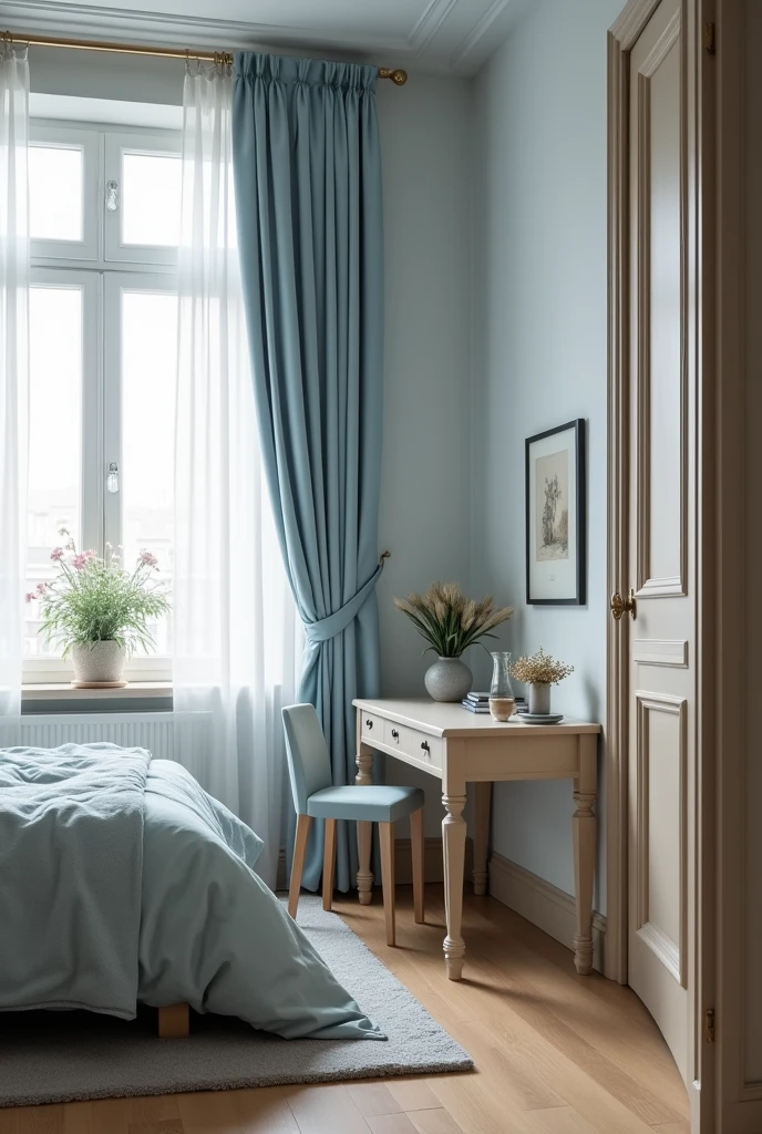 A light blue bed with a grey comforter and light blue curtains. The floor is light brown. A desk is placed next to it, and the desk is light brown. A chair is placed next to it, and the chair is grey. The walls are grey. A door is placed next to it, and the door is light brown. A chic room.