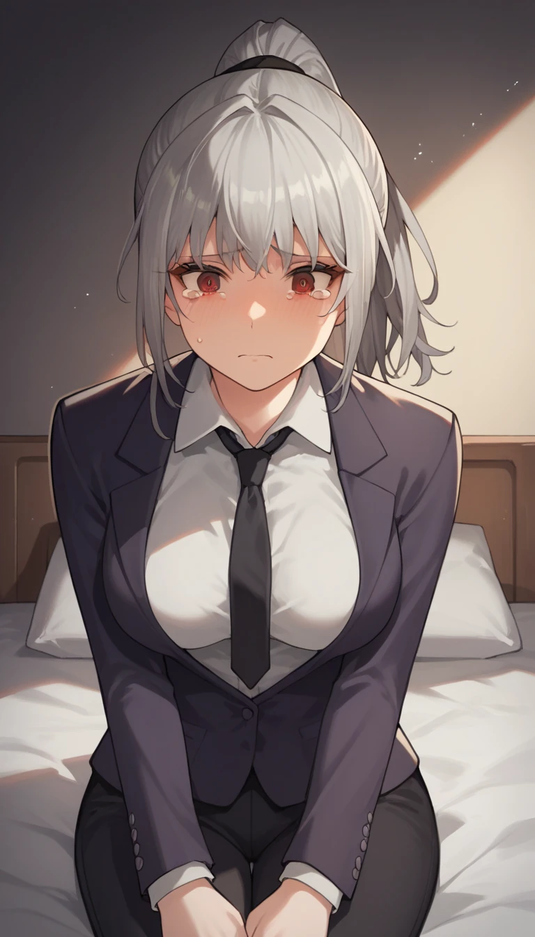 score_9, score_8_up, score_7_up, source_anime, 1girl, red eyes, room, wariza, ponytail, grey hair, cry face, teary eyes, portrait, blazer, starshadowmagician, solo, Adult woman, best perfect anatomy, thin, curvy body, medium breasts, curvy body, close up shot on person suffering from anxiety, a woman showing sadness, lonely woman, a woman sitting in bed, white shirt, black tie, Long-sleeved shirt, black trousers, dynamic angle. no light source, dark background, night days, dark hotel bedroom background, 