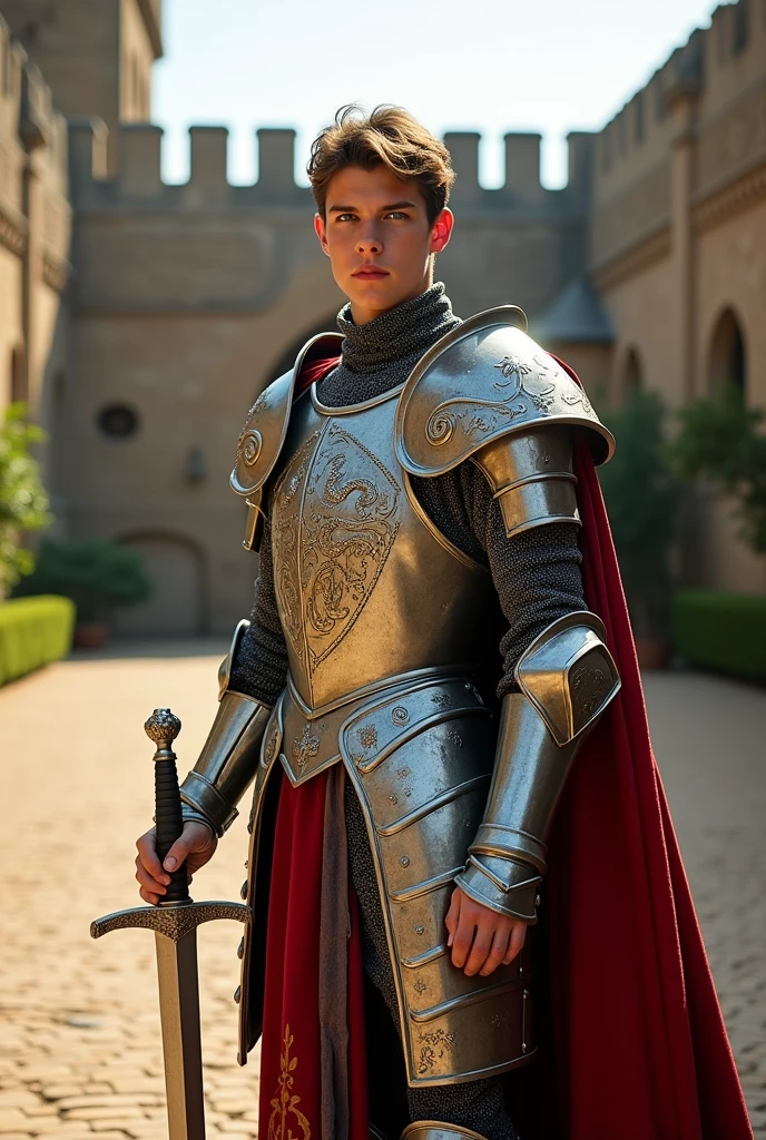 A young man in a full-body medieval knight costume