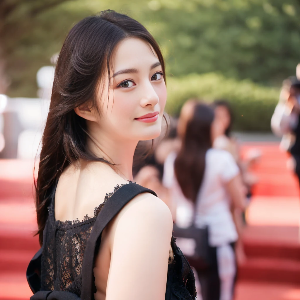 a gorgeous smiling cute Japanese woman in a lacy bodysuit outfit, delicate facial features, porcelain-skinned, ponytail, a fusion of young Marion Cotillard's striking eyes and young Anne Hathaway's introspective gaze, long and slender cute face, Asian winged eyes, wavy nose, full wide lips, flowing very long straight black hair in the air, reaching out her hand to the viewer and snapping her fingers, silhouette, bokeh, red carpet background,