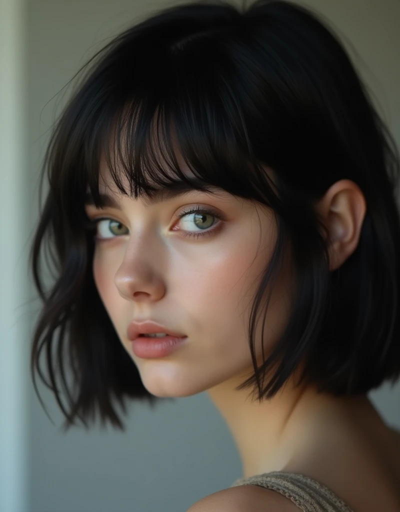 (RAW photo, best quality, masterpiece: 1.2), (photorealistic: 1.4), best lighting, 20 years old, (black hair, short bob cut, hair in 7 thirds, hair over one ear, Symmetrical eyes, fair skin, solo, Detailed Skinm, Polish girls:1.2),