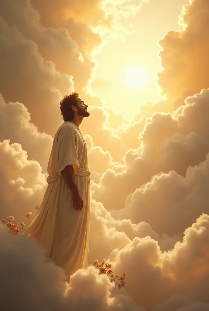 Realistic man looking at Jesus in heaven 