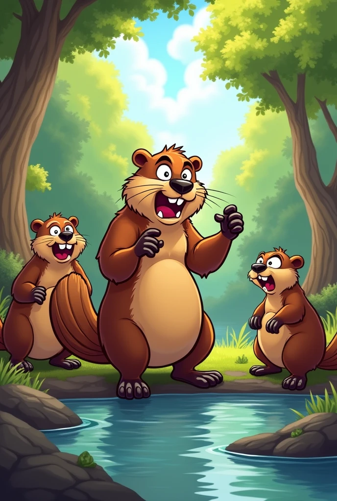 Draw an angry beaver talking to other beavers in cartoon style as a drawing  
