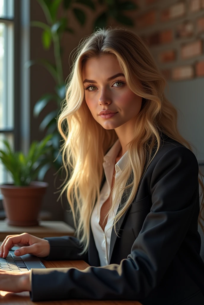 une belle fille aux longs cheveux blonds, detailed eyes, porter une tenue professionnelle, sexly, assise dans son bureau, en utilisant son ordinateur, ordinateur HP (best quality,4K,8k,high resolution,head of'artwork:1.2),ultra-detailed,(realistic,photorealistic,photo-realistic:1.37),HDR,studio lighting,Highly detailed face and body, portrait,Cinematic lighting,Dramatic lighting,warm color tones,couleurs dramatiques
