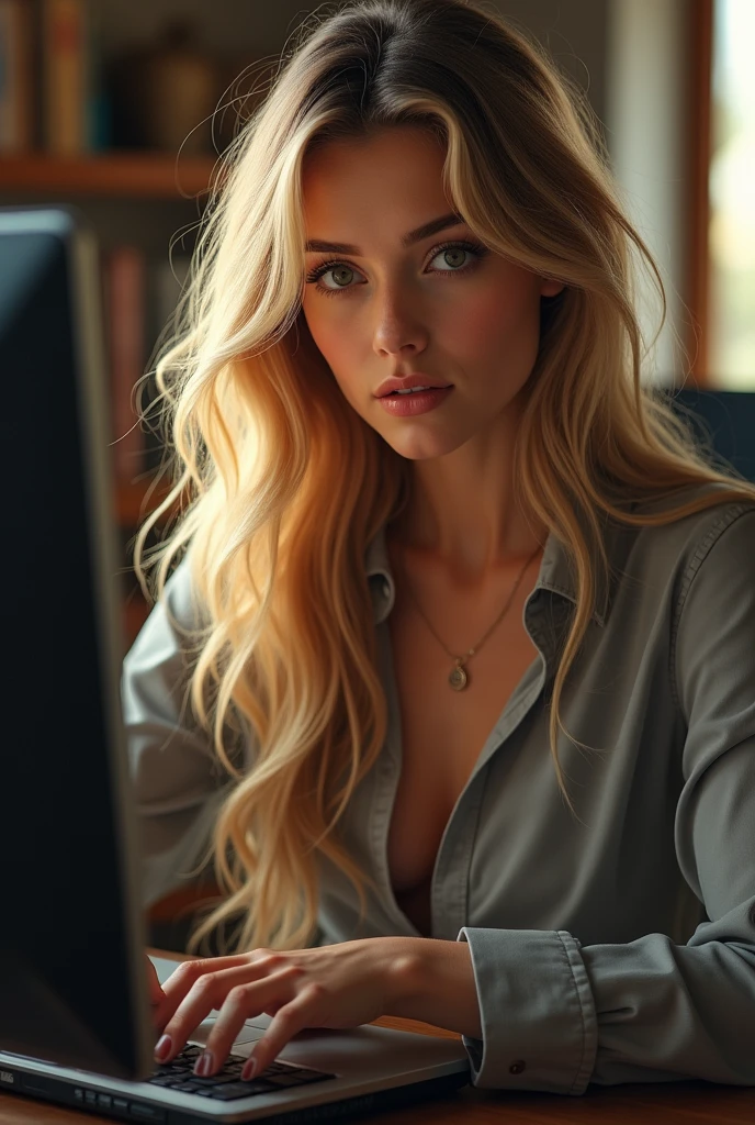 une belle fille aux longs cheveux blonds, detailed eyes, porter une tenue professionnelle, sexly, assise dans son bureau, en utilisant son ordinateur, ordinateur HP (best quality,4K,8k,high resolution,head of'artwork:1.2),ultra-detailed,(realistic,photorealistic,photo-realistic:1.37),HDR,studio lighting,Highly detailed face and body, portrait,Cinematic lighting,Dramatic lighting,warm color tones,couleurs dramatiques
