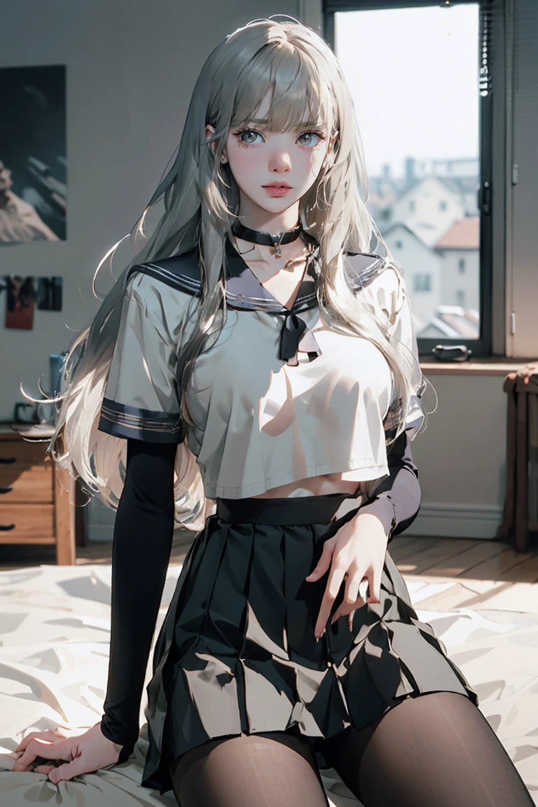 ((See-through)), (Sailor collar uniform), shirt, Pleated skirt, (Black Pantyhose), [:(Detailed face:1.2):0.2], RAW Photos, (masterpiece), (Highest quality), High resolution, (Realistic, photo-Realistic:1.2), Super detailed, Physically Based Rendering, One person, Air Van, Long Hair, (Silver Hair), Wavy Hair, (Large Breasts),