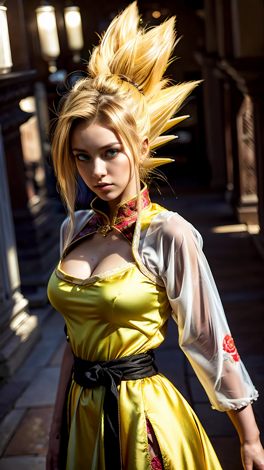 1girl, (super saiyan:1.3), hanfu, detailed intricate embroidered hanfu, beautiful detailed eyes, beautiful detailed lips, extremely detailed face, long eyelashes, elegant ancient chinese hairstyle, detailed ornate hairpin, detailed jewelry, glowing aura, cinematic lighting, dramatic lighting, vivid colors, warm color tones, (best quality,4k,8k,highres,masterpiece:1.2),ultra-detailed,(realistic,photorealistic,photo-realistic:1.37)