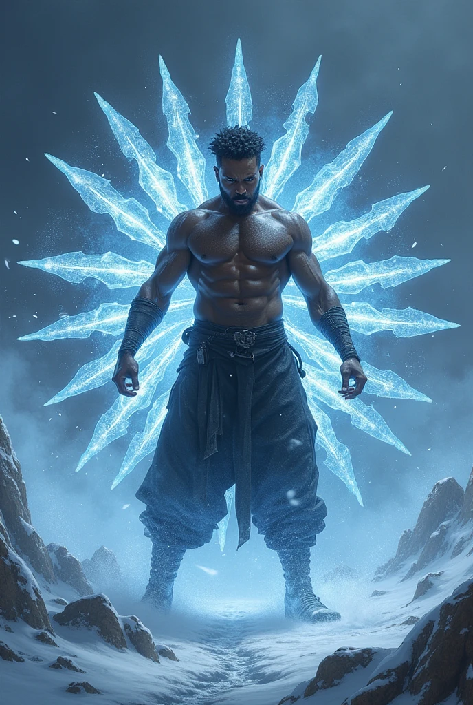 Black man ice power making fifteen ice daggers
. Realistic 