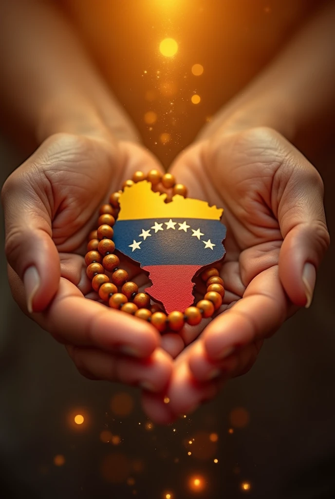 Hello, Here you have a detailed description to generate the image I want:
hands: Two hands in close-up, holding a japa mala (hindu rosary) while counting the mantras. Hands should be depicted in a soft and serene manner..
map of Venezuela: At the bottom or to the side of the hands, A map of Venezuela highlighted with the colors of the Venezuelan flag: yellow, blue and red. You can include the seven stars that appear on the flag.
Environment: a warm atmosphere, full of light, with golden and soft tones that transmit peace and hope. Maybe a bright background or a sunset that creates a serene atmosphere.
Additional Details: You can add flashes of light or a soft glow around the map and hands to emphasize the good energy being sent..