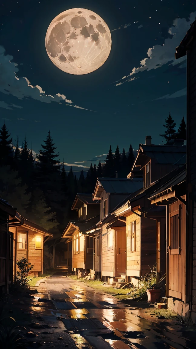 (dark dirt road), (humble houses on the sides), huts (destroyed), (no light), (full moon at the top), (at night), trees, town (in the middle of the forest).