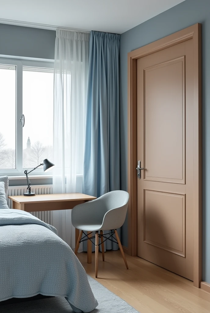A light blue bed with a grey comforter and light blue curtains. The floor is light brown. A desk is placed next to the bed. The desk is light brown. A chair is placed next to the bed. The chair is grey. The walls are grey. A door is placed next to the bed. The door is light brown. A chic room. The desk is next to the bed.