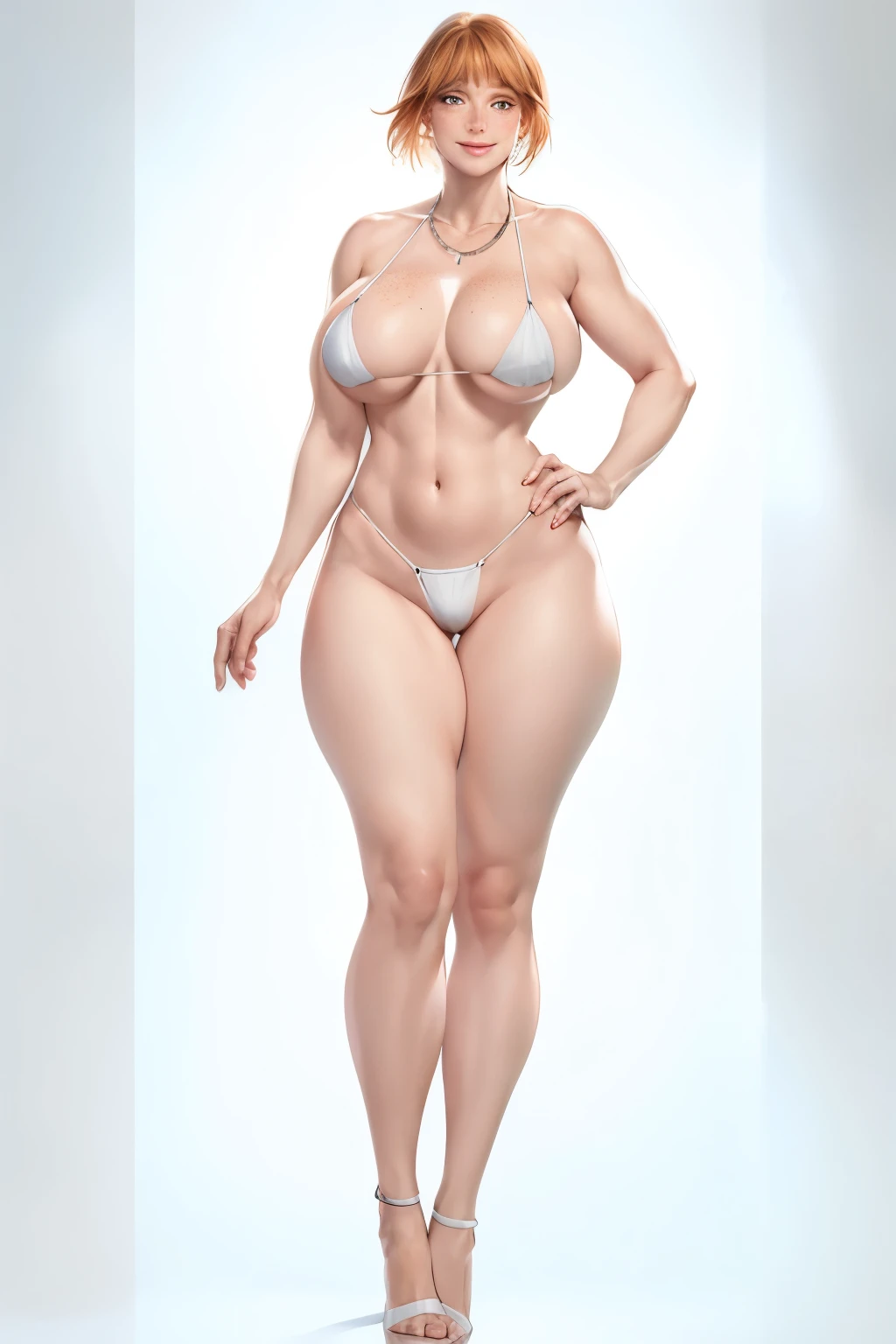 Ultra-realistic 8K CG,flawless face,impeccable perfection,,lesbian full body,tight tiny transparent white micro bikini,Standing on the floor,freckles,huge tit,Breasts huge,Um sagging chest,Legs long,Scrawny,being thin,sagging chest,neckleace,revealing breasts,show full body from head to toe.