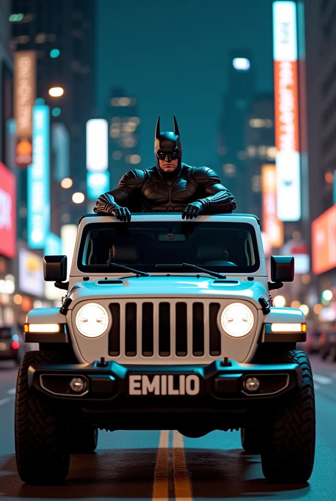 Batman with reflective vest in white Jeep with letters that say Emilio