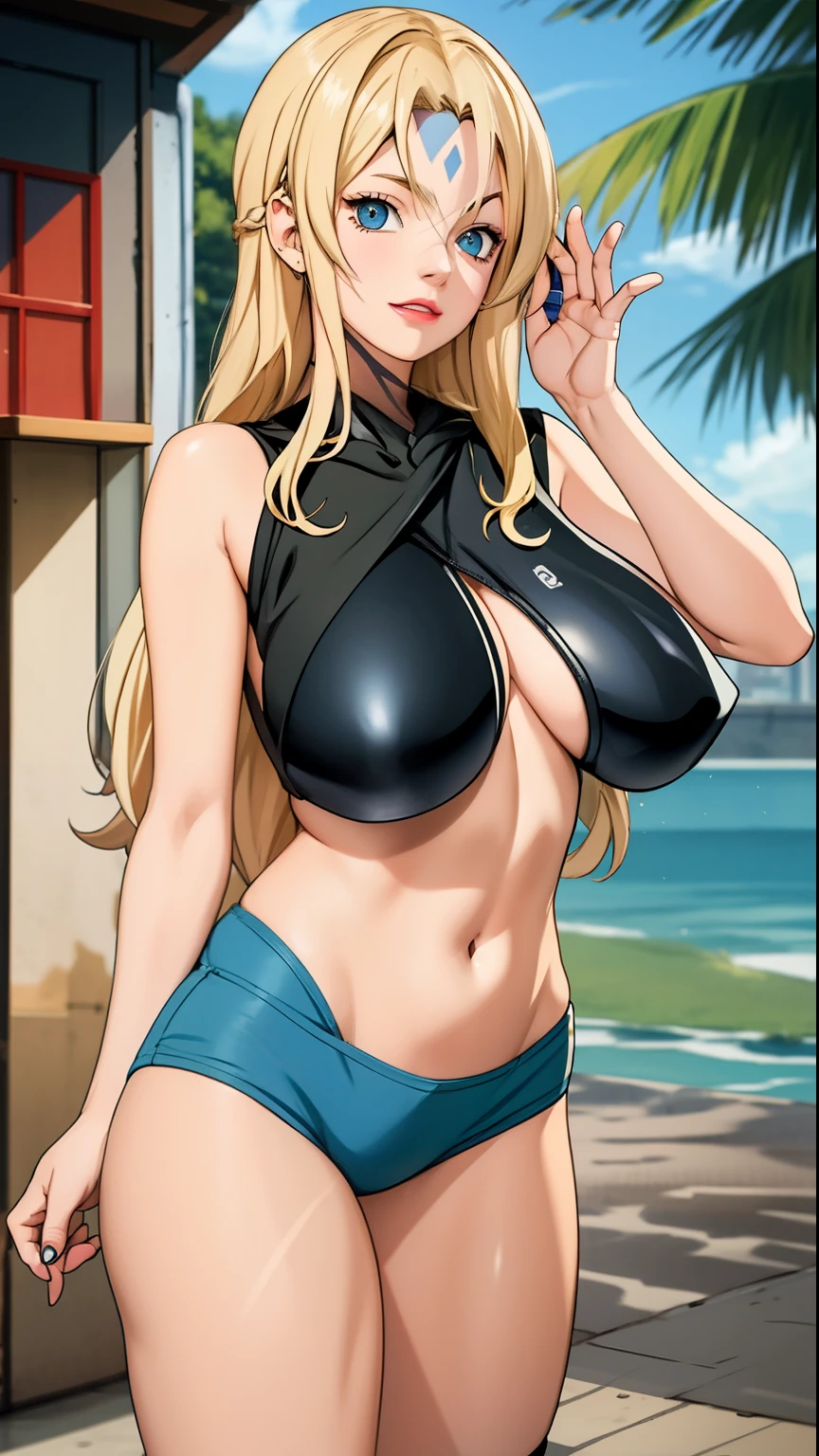 Cleavage, masterpiece, Highest quality, Very detailed, One person, Upper Body, 
Long Hair, Blonde, French Braid, blue eyes, Blunt bangs, 
Wear a streetwear hoodie, stylish,
Mid-chest, A cool attitude as he looks at the viewer, Tsunade \(Shippuden\)