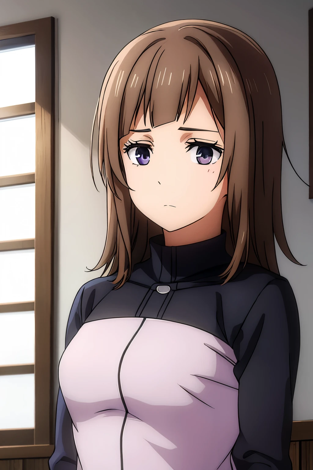 Brown chocolate hair, lilac eyes, black uniforn jujutsu,