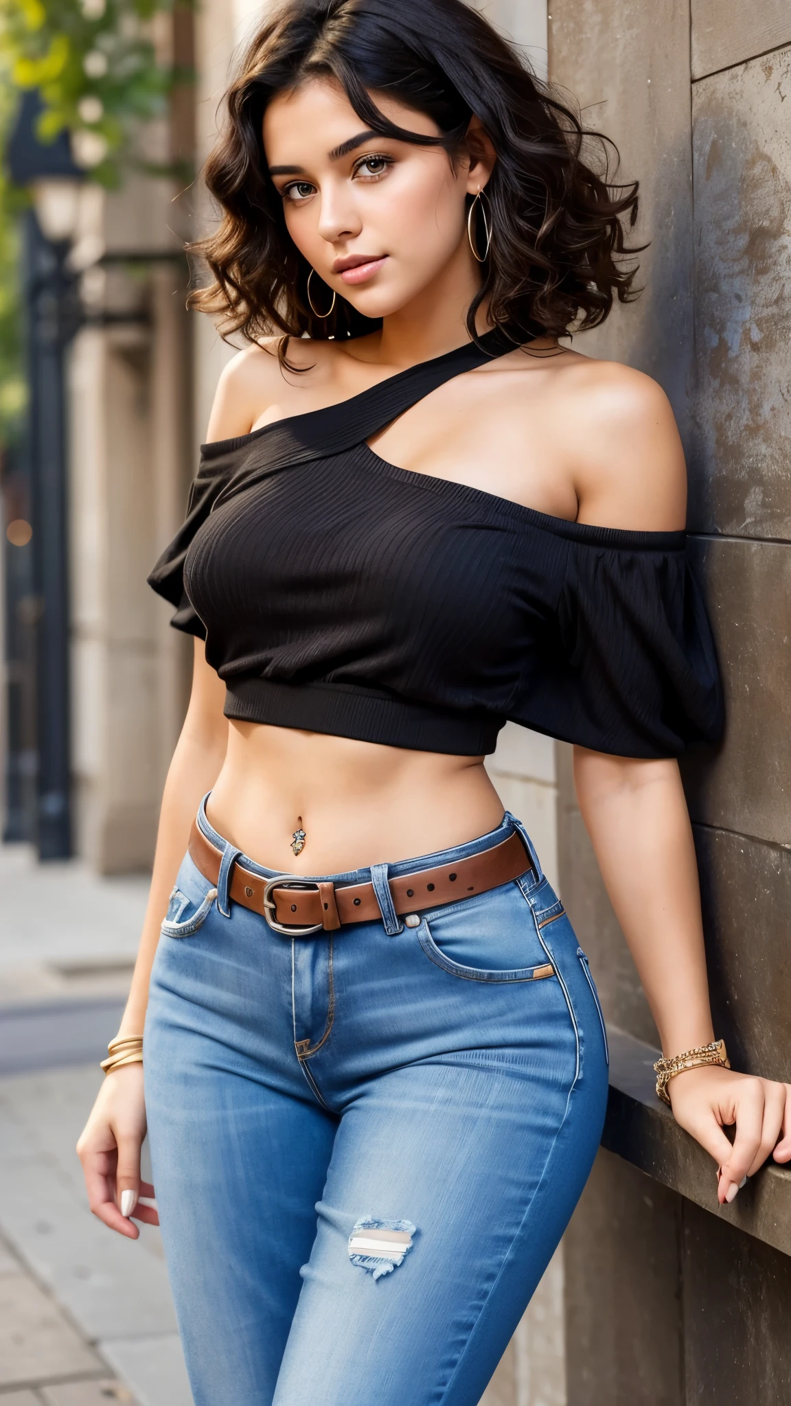 Beautiful 20-year-old brunette girl with curly black hair and brown eyes wearing a black one-shoulder blouse and high-waisted jeans with a belt showing her belly button with thick legs
