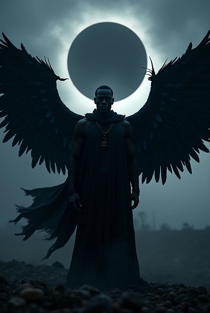 African man. Shadow powers. Wearing a cloak. Black wing. With a black sun

