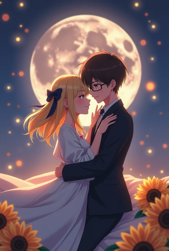 Beautiful couple hugging and kissing passionately in bed, the bed has sunflowes, the girl and the bot are lying down kissing, both of them screwed
(girl: short, big eyes but not too much with a loving look, not so long elf ears and in her left ear a ruby-colored earring, long hair with a black bow on the side of her hair, blondie hair, super tiny tits, She is wearing the boy's white shirt, (girl: white skin:1.3)), (guy: brown eyes with glasses, thin like shinji from Evangelion, the shirtless boy), (white skin:1.3), a modern and romantic room (best quality, 4k, 8k, high resolution, masterpiece:1.2), ultra detailed, (realistic, photorealistic, photorealistic:1.37), HDR, UHD, studio lighting, ultra-fine painting, sharp focus, physically based rendering, extreme detail description, professional, vivid colors, bokeh, romantic, cinematic, dramatic lighting, warm color palette, bright moonlight, dreamlike, ethereal
