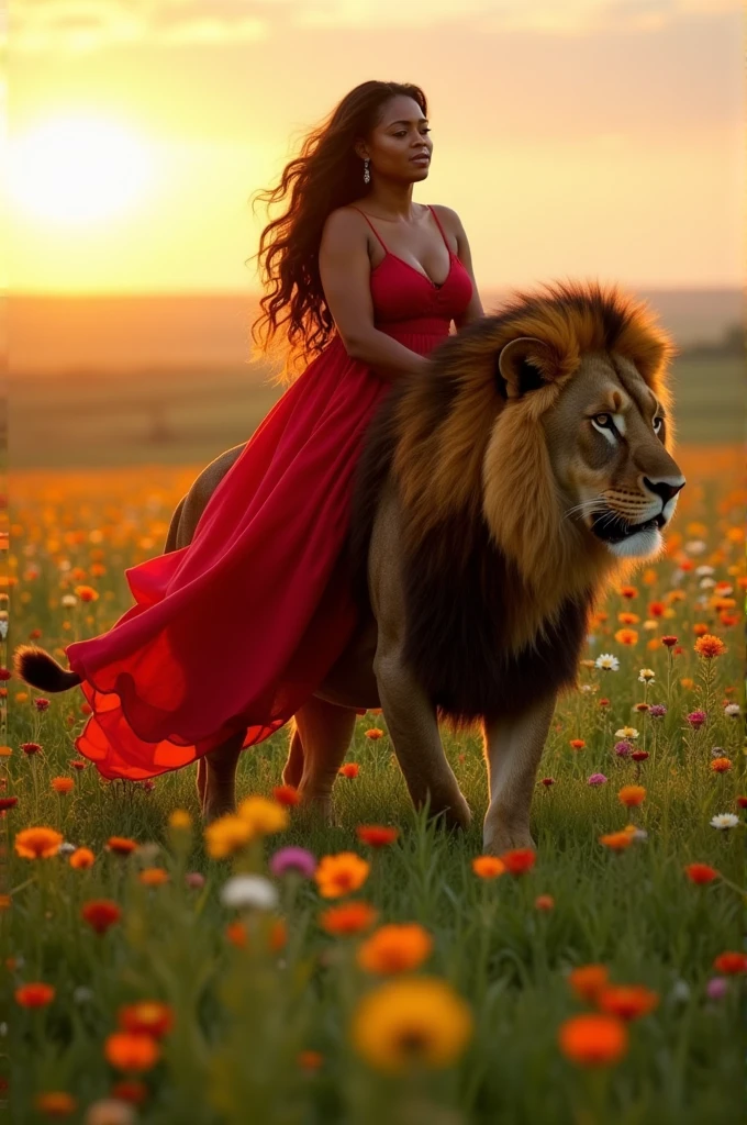 a beautiful curvy woman with dark skin in a red dress riding a lion in a field