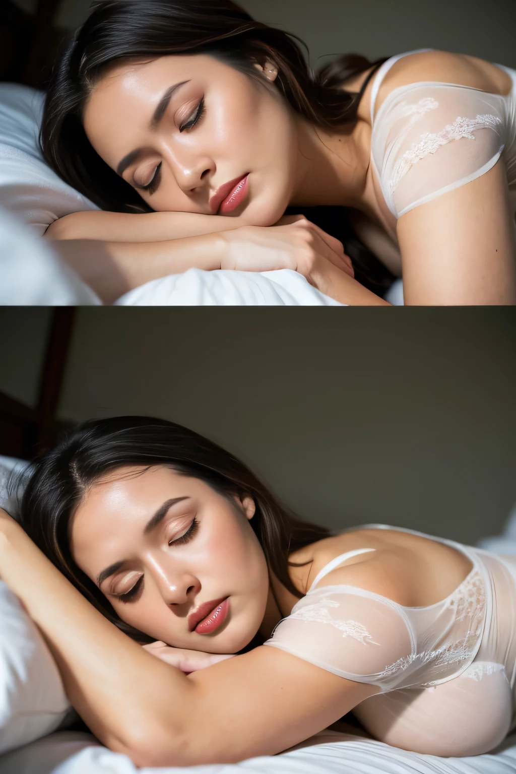Imagine a beautiful naked young adult woman with brown hair, Beautiful and realistic face, that is in lingerie, big breasts, a lying sleep, opening your legs, sleeping face, Close ~ eyes,open your mouth,tired face,face of suffering,sky face,sleeping face,