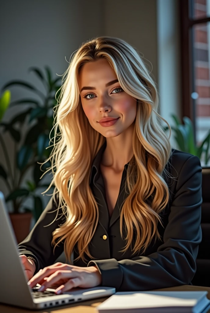 une belle fille aux longs cheveux blonds, detailed eyes, porter une tenue professionnelle, assise dans son bureau, en utilisant son ordinateur, ordinateur HP (best quality,4K,8k,high resolution,head of&#39;artwork:1.2),ultra-detailed,(realistic,photorealistic,photo-realistic:1.37),HDR,studio lighting,Highly detailed face and body, portrait,Cinematic lighting,Dramatic lighting,warm color tones,couleurs dramatiques