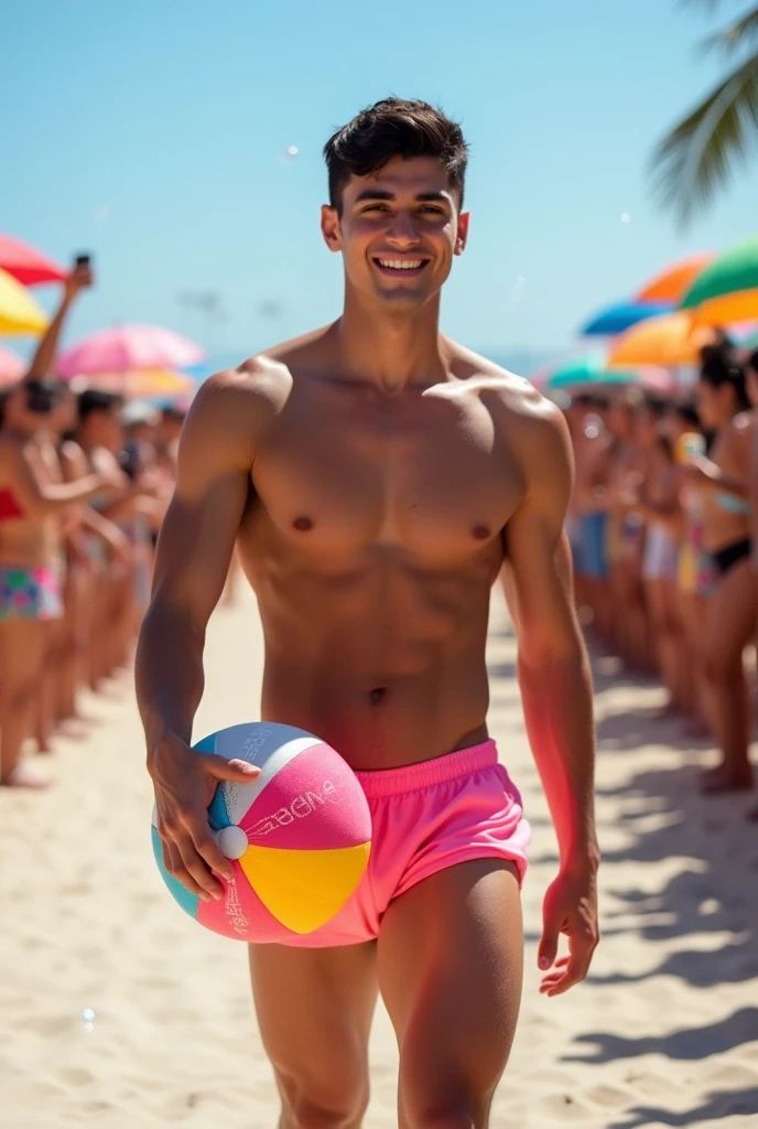 A handsome young man with a beautiful, thin, white face, fair and smooth skin, shirtless, wearing a pink swimsuit, short black hair, on a catwalk at a men's beach party, holding a beach ball in his hand, the audience applauding and celebrating with bubbles. A tall, thin, white, shirtless man.