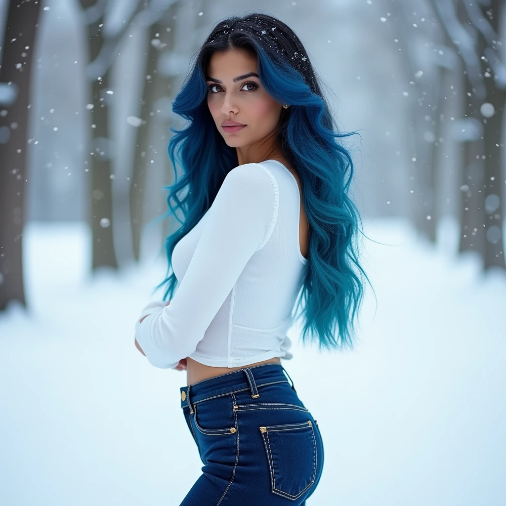 20 year old long blue wavy hair Mexican model, curvy girl, sexy, standing outside in the snow, stunning, wearing white top's and dark blue jeans with white ballet flats, realistic face, blue hair, long hair, close up of face, big breast, 4k, high quality
