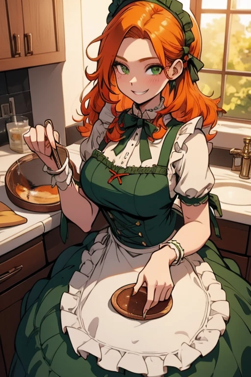 Perfect face. Perfect hands. An orange haired woman with green eyes and an hourglass figure in a Lolita maid dress is smiling while baking a cake in a fancy kitchen
