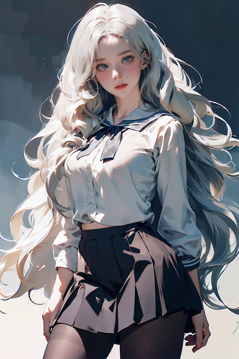 ((See-through)), (Sailor collar uniform), shirt, Pleated skirt, (Black Pantyhose), [:(Detailed face:1.2):0.2], RAW Photos, (masterpiece), (Highest quality), High resolution, (Realistic, photo-Realistic:1.2), Super detailed, Physically Based Rendering, One person, Air Van, Long Hair, (Silver Hair), Wavy Hair, (Large Breasts),