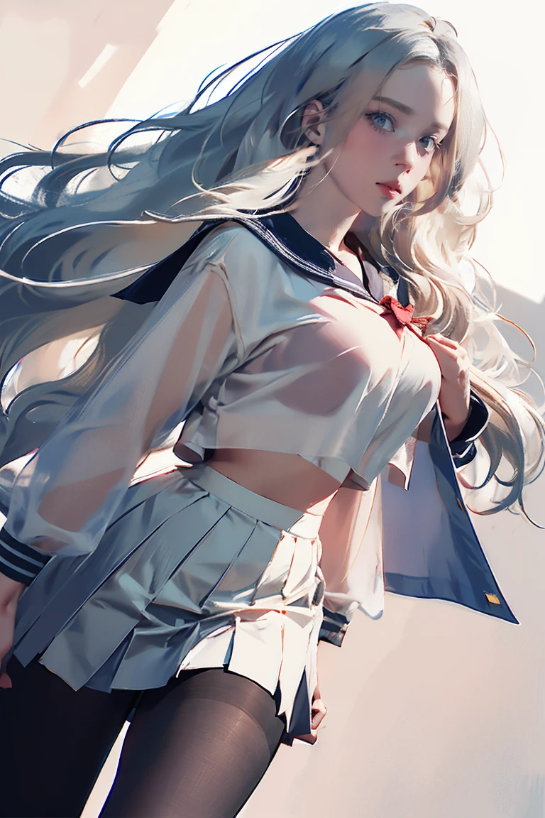 ((See-through)), (Sailor collar uniform), shirt, Pleated skirt, (Black Pantyhose), [:(Detailed face:1.2):0.2], RAW Photos, (masterpiece), (Highest quality), High resolution, (Realistic, photo-Realistic:1.2), Super detailed, Physically Based Rendering, One person, Air Van, Long Hair, (Silver Hair), Wavy Hair, (Large Breasts),