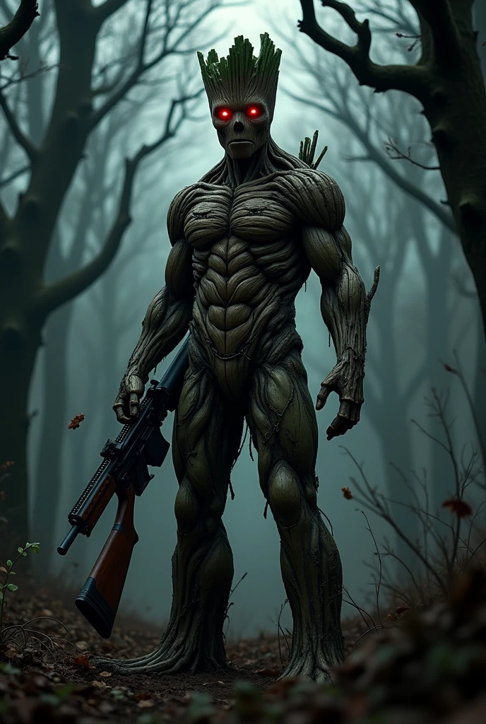Mr Groot with blood in his eyes wearing a mask holding a rifle, crazy to kill someone