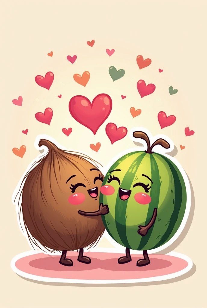A sticker of a coconut and watermelon in love with lots of hearts and kissing