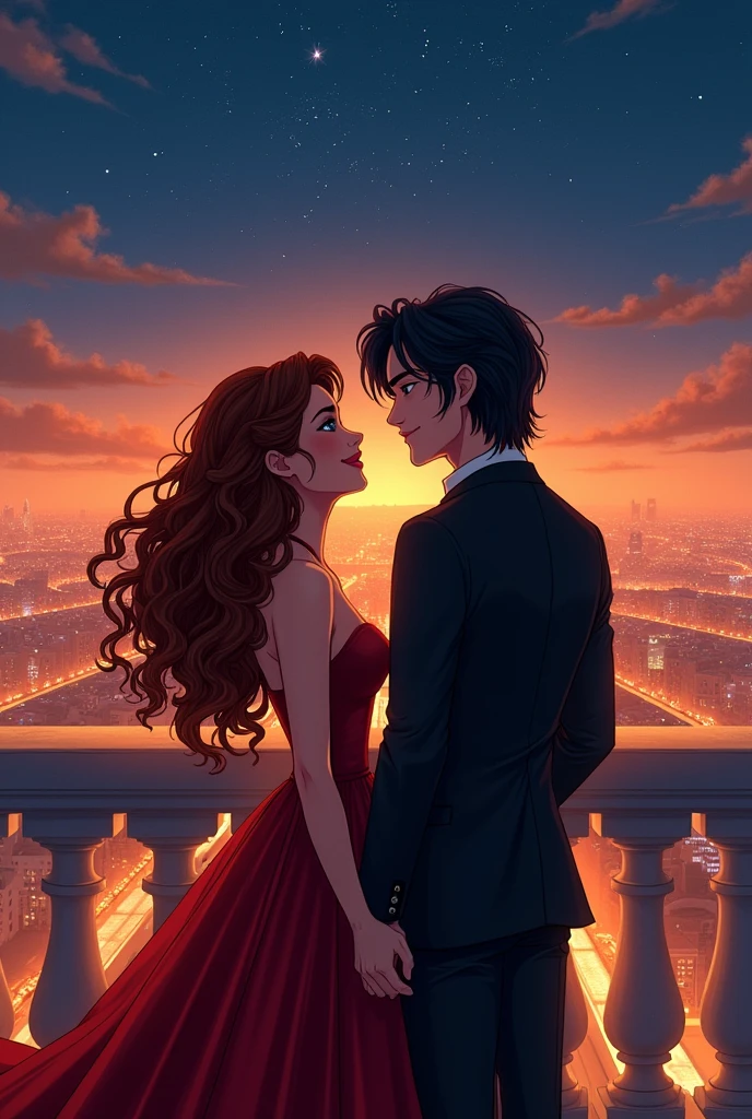 fan art style, (movie poster:1.2), soft lighting, (dramatic angle:1.25), (Accompanied:1.4), (1womanl), (brown color), (chestnut hair), long curly hair), eyes black, (ssmile), (1 men) (Bblack hair), (white color), ( blue colored eyes) (ssmile), terrace de um prédio com vista da cidade, (roupas de feast), star makeup on face, (looking at the view1.3), natta, lights, feast, natta, starry sky, (terrace:1.3), (work of art:1.2), ultra detali, (best qualityer), illustration, (Depth of field)