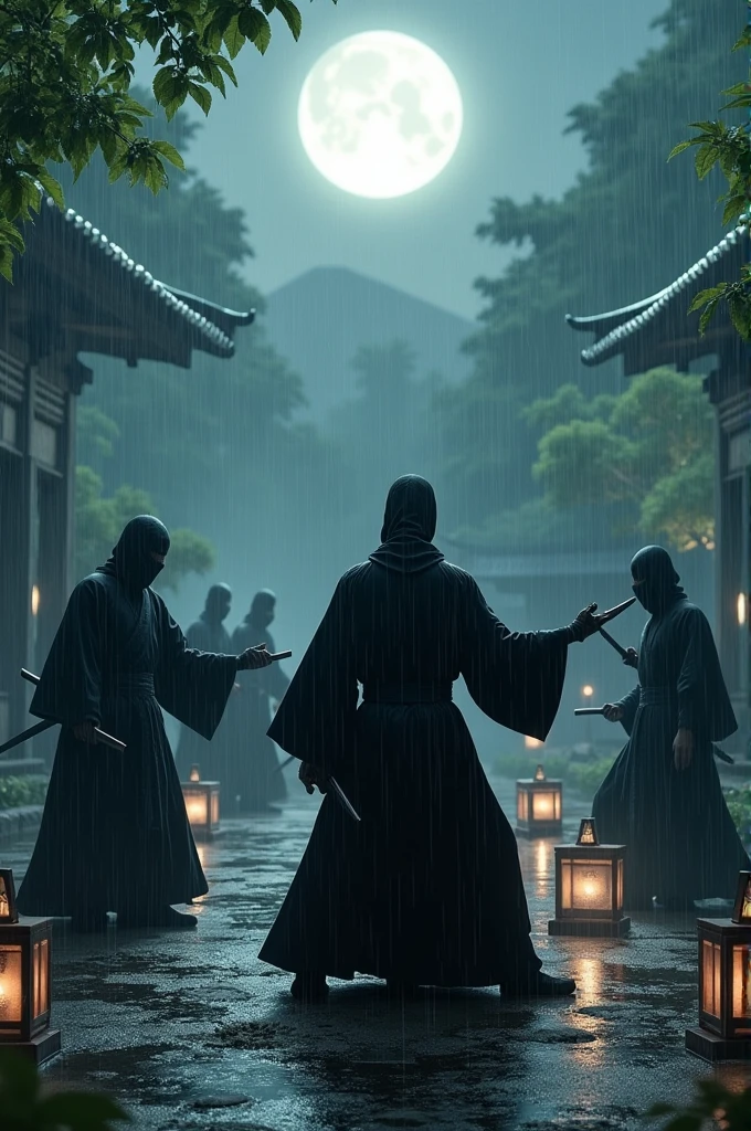 Ninja from Japan training with other ninjas at night in the rain