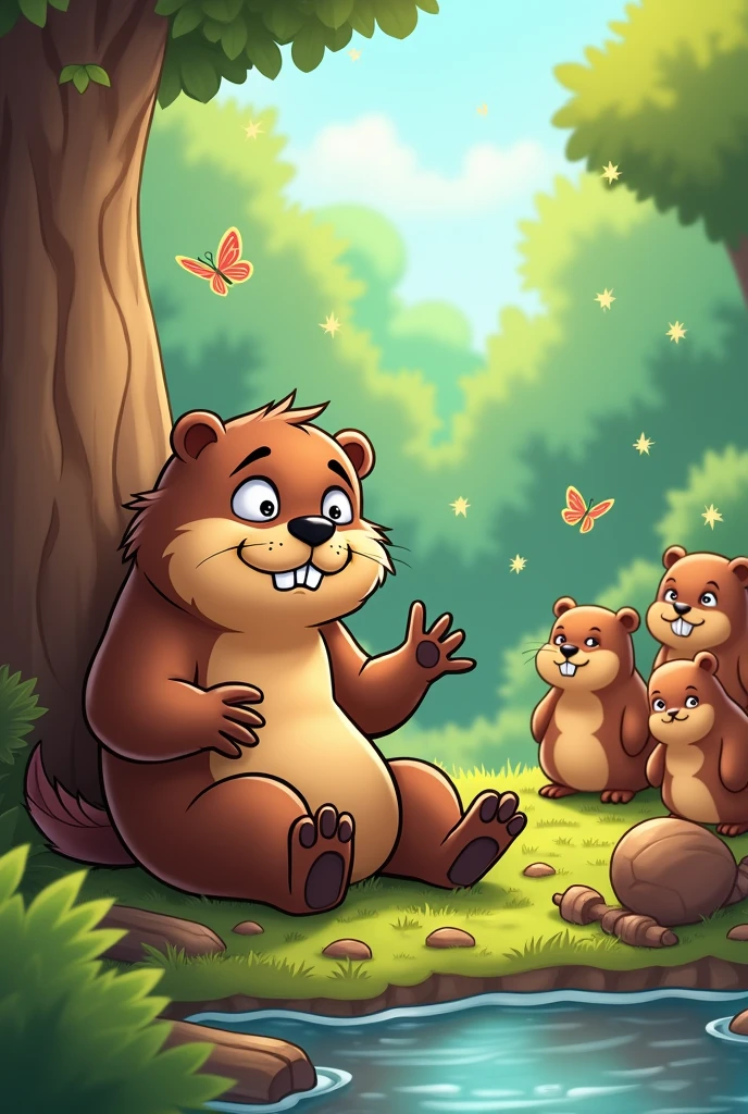 Draw an exhausted beaver talking to the other beavers in a cartoon style as a drawing  
