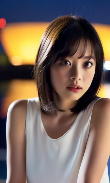 ( (((A beautiful woman))), ((a night sky)),(((detailed face))),(beautiful bob hair), cute and gentle, medium breasts,pretty,sleeveless turtle neck, mini-skirt, white silky clothes, cute and gentle, 4k , super high resolution ,(photo-realistic: 1.7), night background,black short hair, ((SFW)), cowboy_shot, high angel shot, bokeh, SFW)