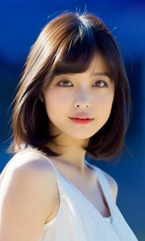 ( (((A beautiful woman))), ((a night sky)),(((detailed face))),(beautiful bob hair), cute and gentle, medium breasts,pretty,sleeveless turtle neck, mini-skirt, white silky clothes, cute and gentle, 4k , super high resolution ,(photo-realistic: 1.7), night background,black short hair, ((SFW)), cowboy_shot, high angel shot, bokeh, SFW)