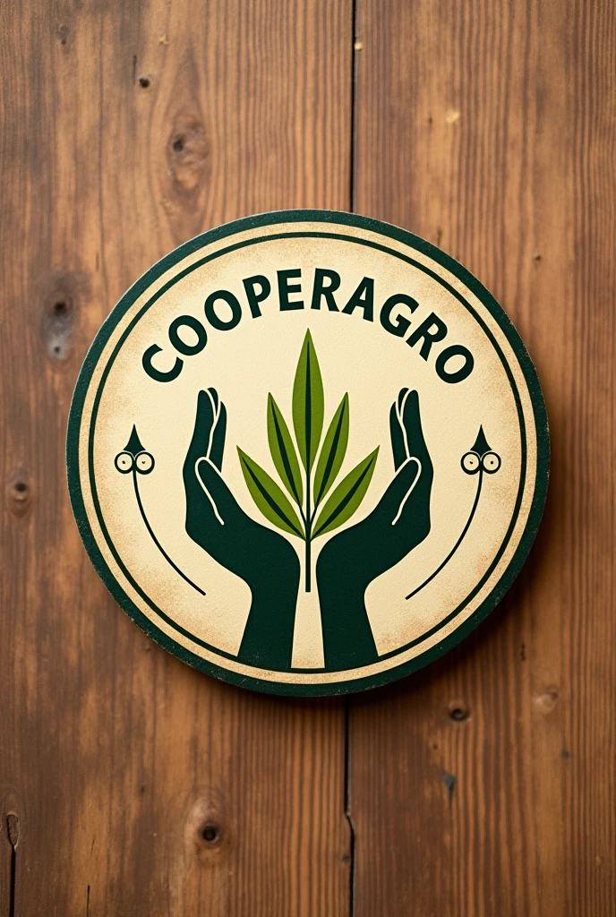 Circular logo of a family farming cooperative with two arrows pointing up and two hands holding a plant with the name COOPERAGRO rustic minimalist