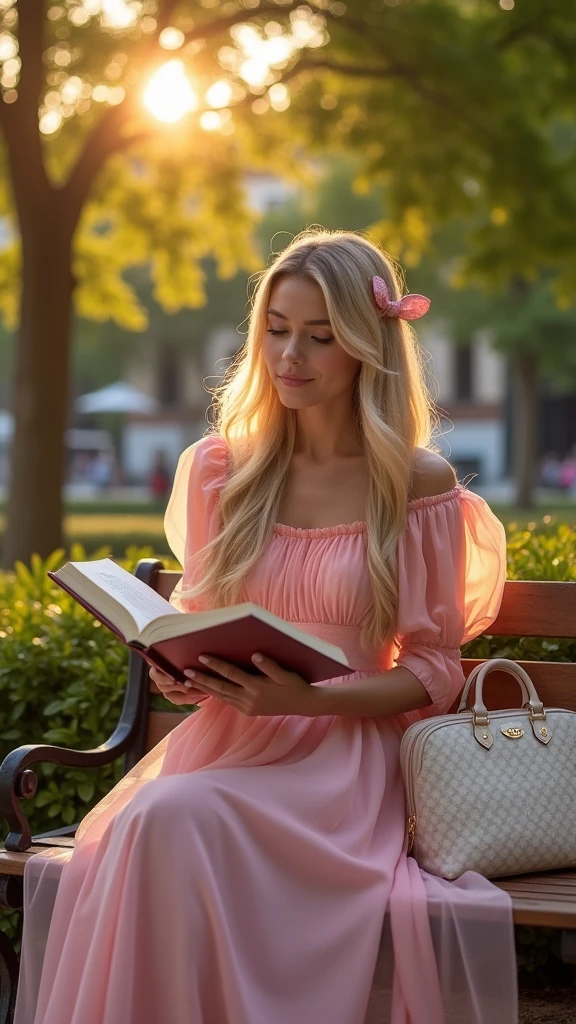 Generated hyper realistic image of a woman with long blonde hair, 30 years old, very long blonde hair Up to the waist, lleva puesto un vestido vaporoso rosa, estilo coquette, y un lazo en la cabeza, cartera de diseñador y libros. Esta sitting on a bench in a square, reading. Sunset, trees in the background.  .