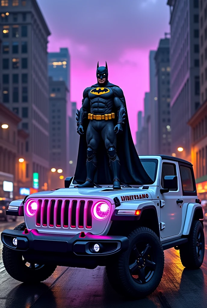 Batman with reflective hookers on white Jeep with letters that say emilio