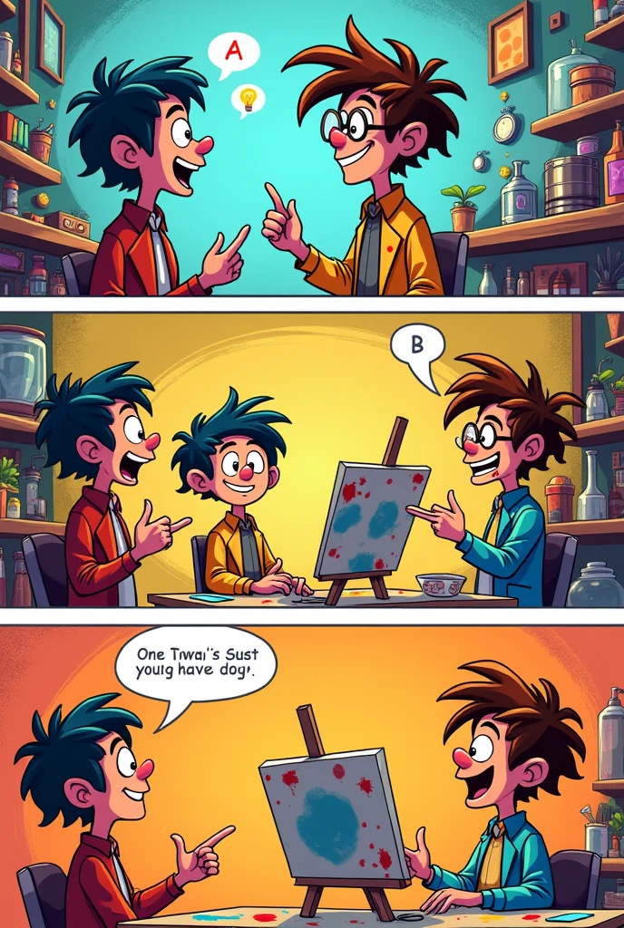 Create a cartoon comic with two people talking and more than 6 images