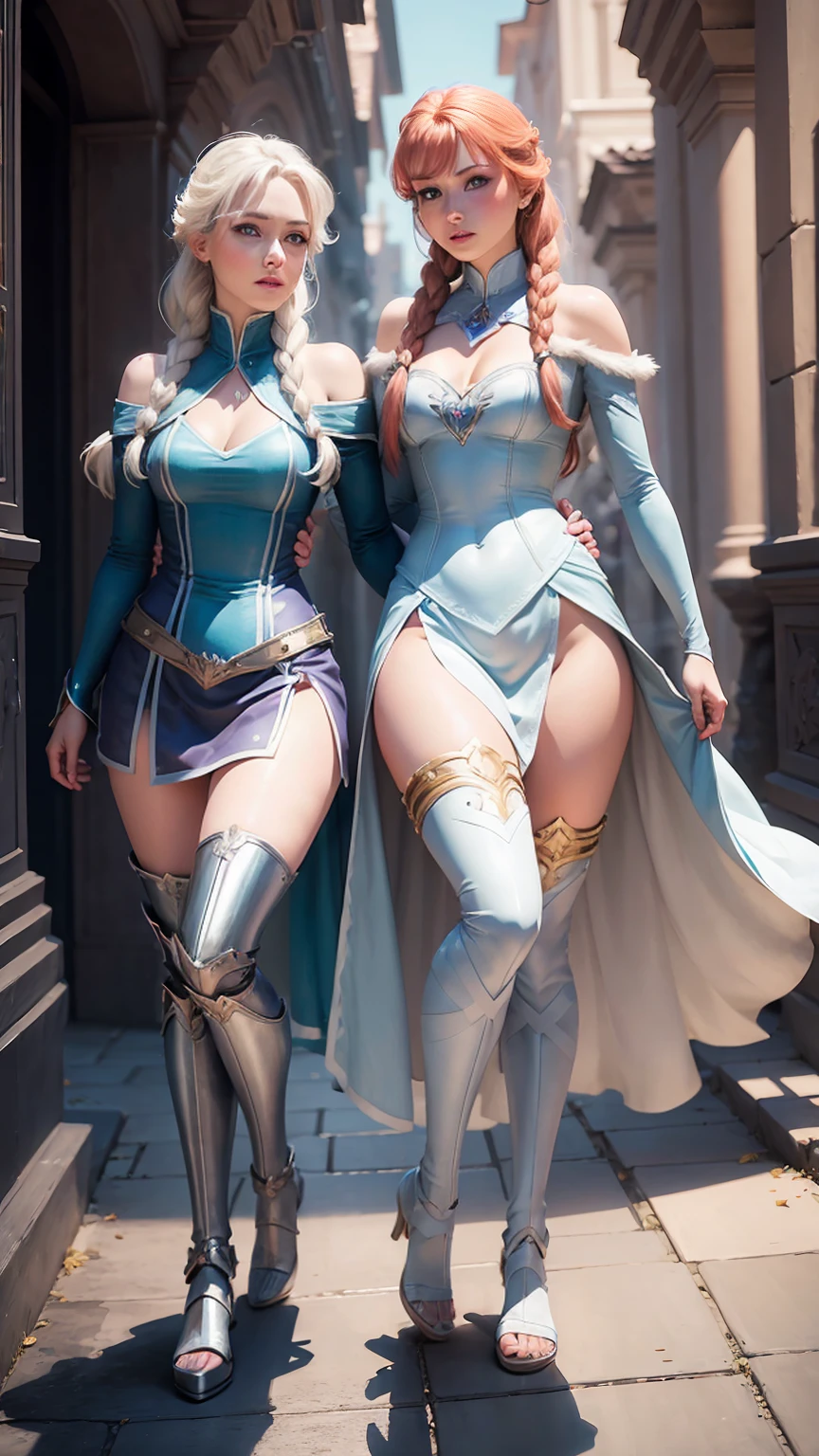 (((full body photo))) Elsa and Anna 8K, thigh-high gladiator sandal boots,