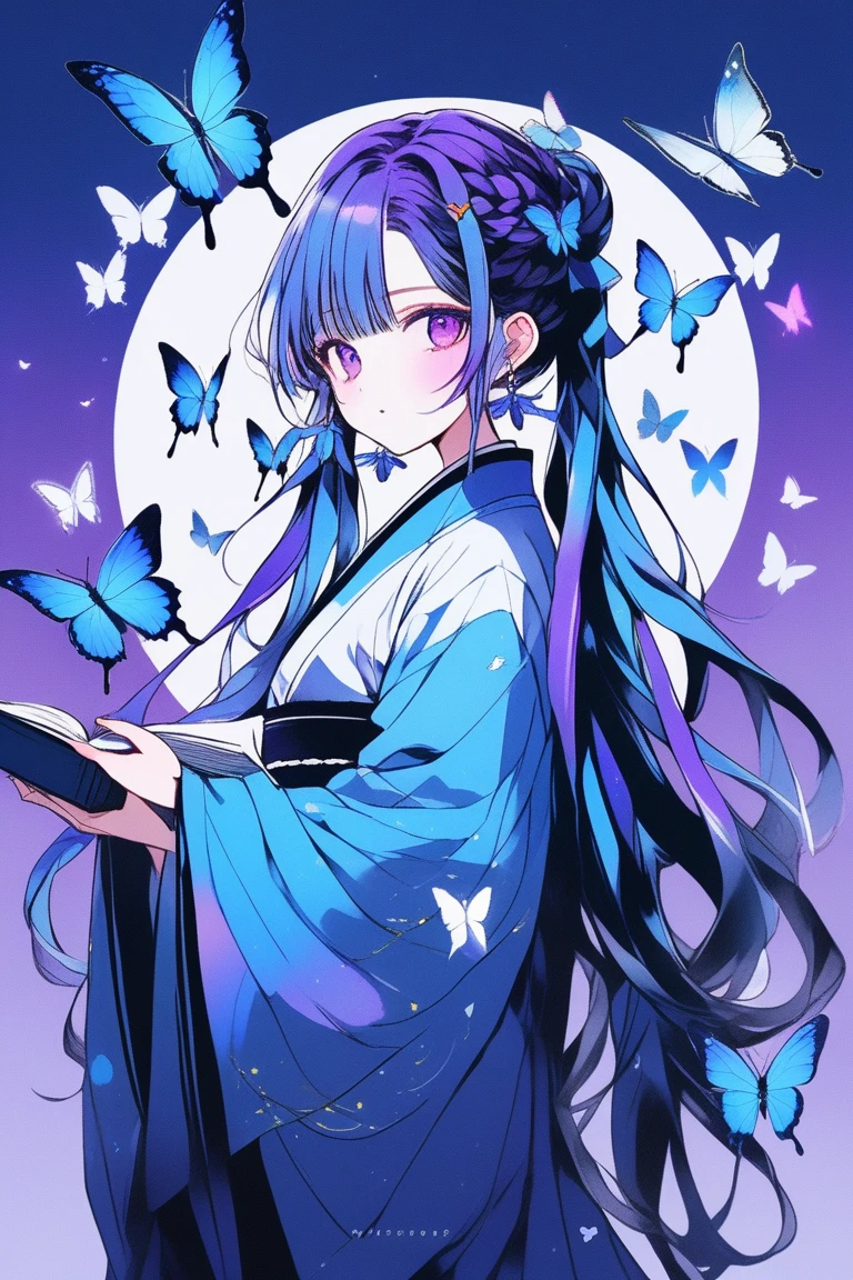  (masterpiece,Highest quality) Illustrator, anime , Realistic ,sketch , 1 person, ,lip, Braiding、Under the Moon、Black and purple hair、Beautiful books、Blue butterfly hair ornament、A revealing rainbow-colored butterfly-like haori, (((whole body))), order, Blue gradient background, Neon Hair,Texture Trim, Canadian, (masterpiece,Highest quality) 