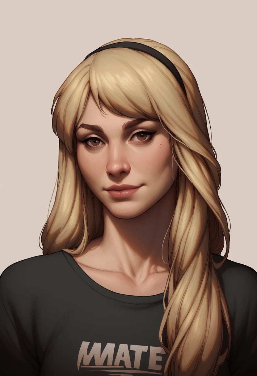 real, masterpiece, best quality, (detail skin texture, ultra-detailed body),
1girl, 4b6i3c-smf, solo, blonde hair, hairband, realistic, long hair, lips, black shirt, upper body, expressionless, brown eyes, smile