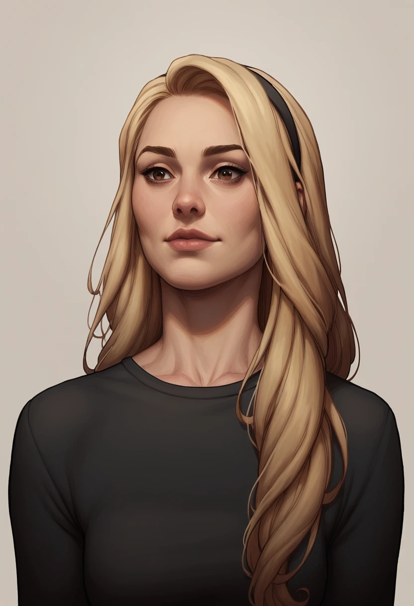 real, masterpiece, best quality, (detail skin texture, ultra-detailed body),
1girl, 4b6i3c-smf, solo, blonde hair, hairband, realistic, long hair, lips, black shirt, upper body, expressionless, brown eyes, smile