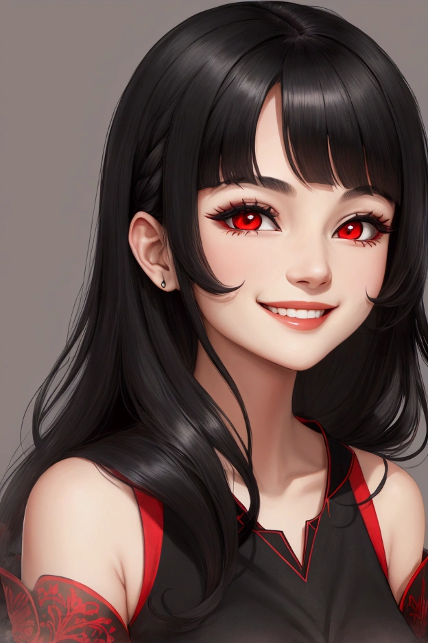 Simple background, 1 woman, black hair, red eyes, black dress, smiling